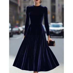 MOOYIUS Navy Velvet Mock Neck Puff Sleeve A-Line Romantic Midi Dress NWT Size M